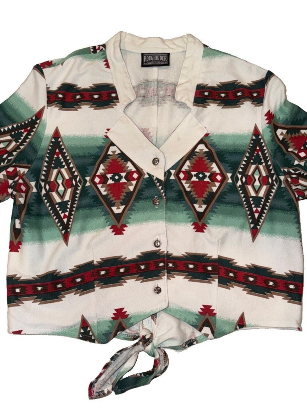 Vintage Roughrider Aztec Cowboy Cropped Western Rodeo Tie Back Shirt Top Size L
